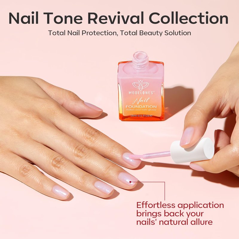 modelones Nail Strengthener, Sparkle Pink Nail Polish Nail Repair for Damaged Nails Hardener Air Dry Nail Growth Polish Natural Nail Concealer Foundation Gifts for Women 15ml