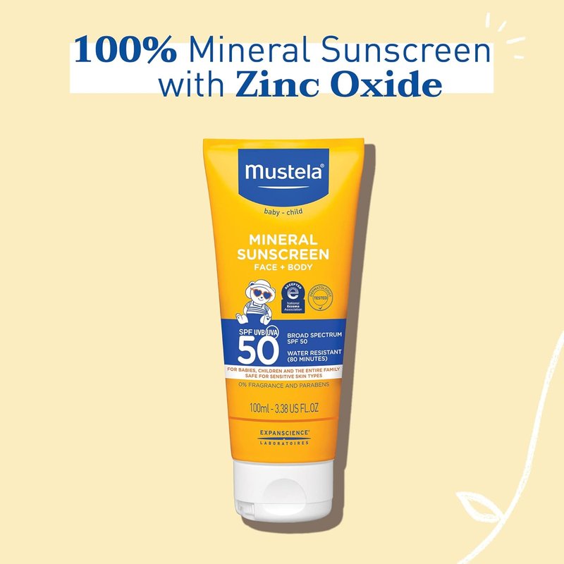 Mustela Baby Mineral Sunscreen Lotion SPF 50 - Sensitive Skin Face & Body Protection | Water-Resistant & Fragrance-Free