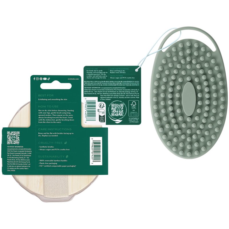EcoTools Dry Body Brush for Circulation, Dead Skin Removal + Sage Green Silicone Body Scrubber & Massager for Exfoliating, Cleansing & Self-Care Gifts