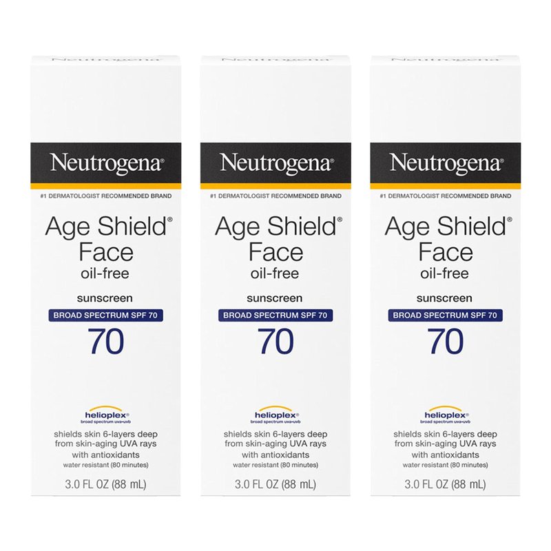 Neutrogena Age Shield Face Oil-Free Sunscreen Lotion with Broad Spectrum SPF 70, Non-Comedogenic Moisturizing Sunscreen to Help Prevent Signs of Aging, PABA-Free, 3 fl. oz (Pack of 3)