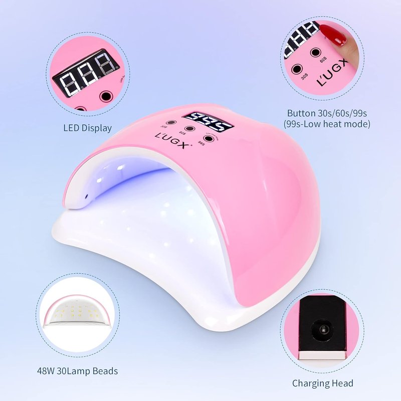 L'UGX 48W UV LED Nail Lamp - Fast Gel Nail Polish Curing with 3 Timers | Perfect for Home Salon Use (Pink)