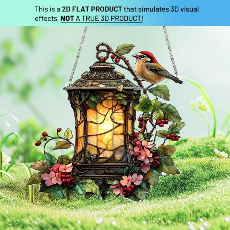 Acrylic Lantern with Bird & Flowers | 7.08-Inch Stained Glass Style Window Decor & Rainbow Maker