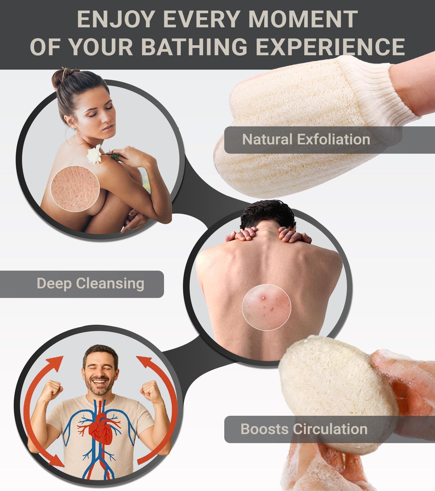 surlees Natural Loofah Bath Exfoliating Glove & Luffa Sponge Set (Mitt & Pad), Premium Body Scrubber with Elastic Band for Women & Men in Shower/Spa
