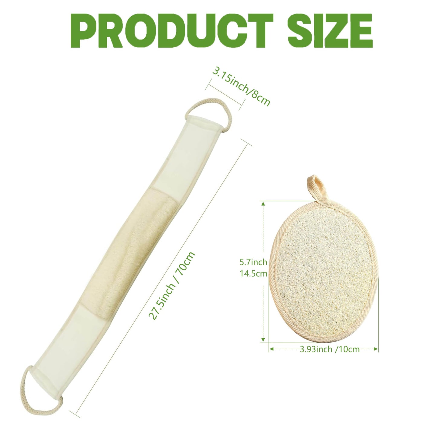 2 Pack Bath Set Natural Loofah Exfoliating Body & Back Scrubber for Bath Shower,Organic Luffa Body Scrubber for Men and Women,Loofah Sponge to Clean Your Back Deeply (Beige)