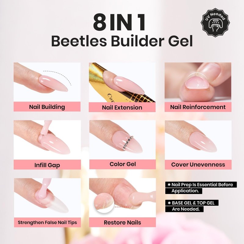 Beetles Builder Gel Set,6 Colors Soft Nude Whisper Nude Pink Building Gel,8 in 1 Strengthening Building Instant Apex & Nail Extension,for Beginners DIY Salon at Home Gifts,UV & LED Lamp Needed