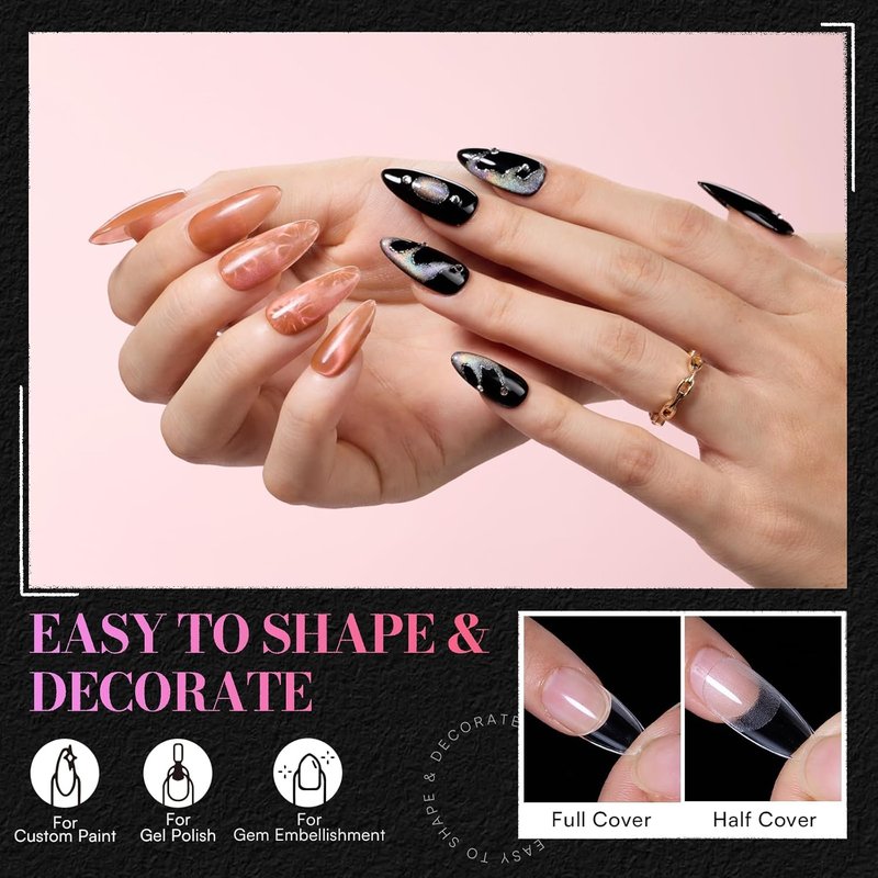 Makartt Almond Nail Tips - 504 PCS Pre-Etched Clear False Nails in 15 Sizes for Salon & DIY Use