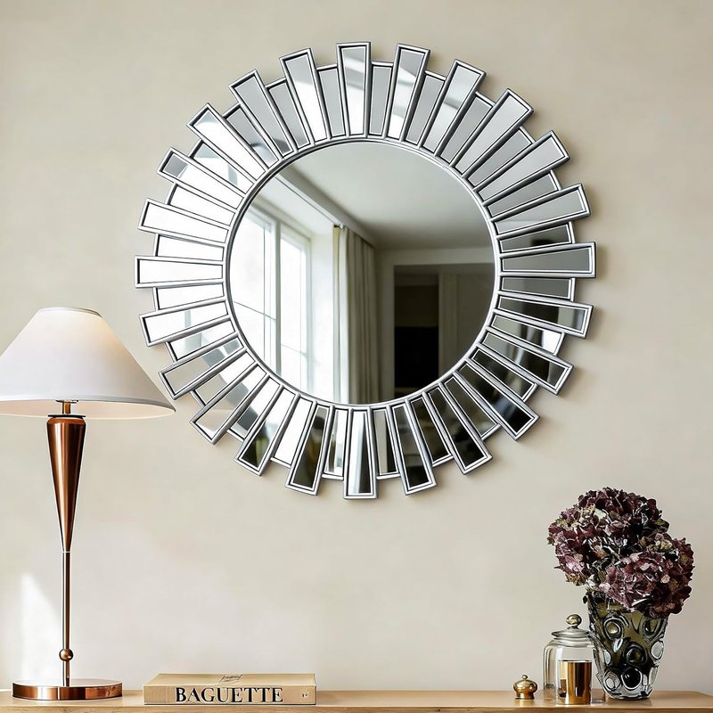 Silver Sunburst Wall Mirror - 23.6" Large Round Beveled Decorative Accent for Living Room & Bedroom