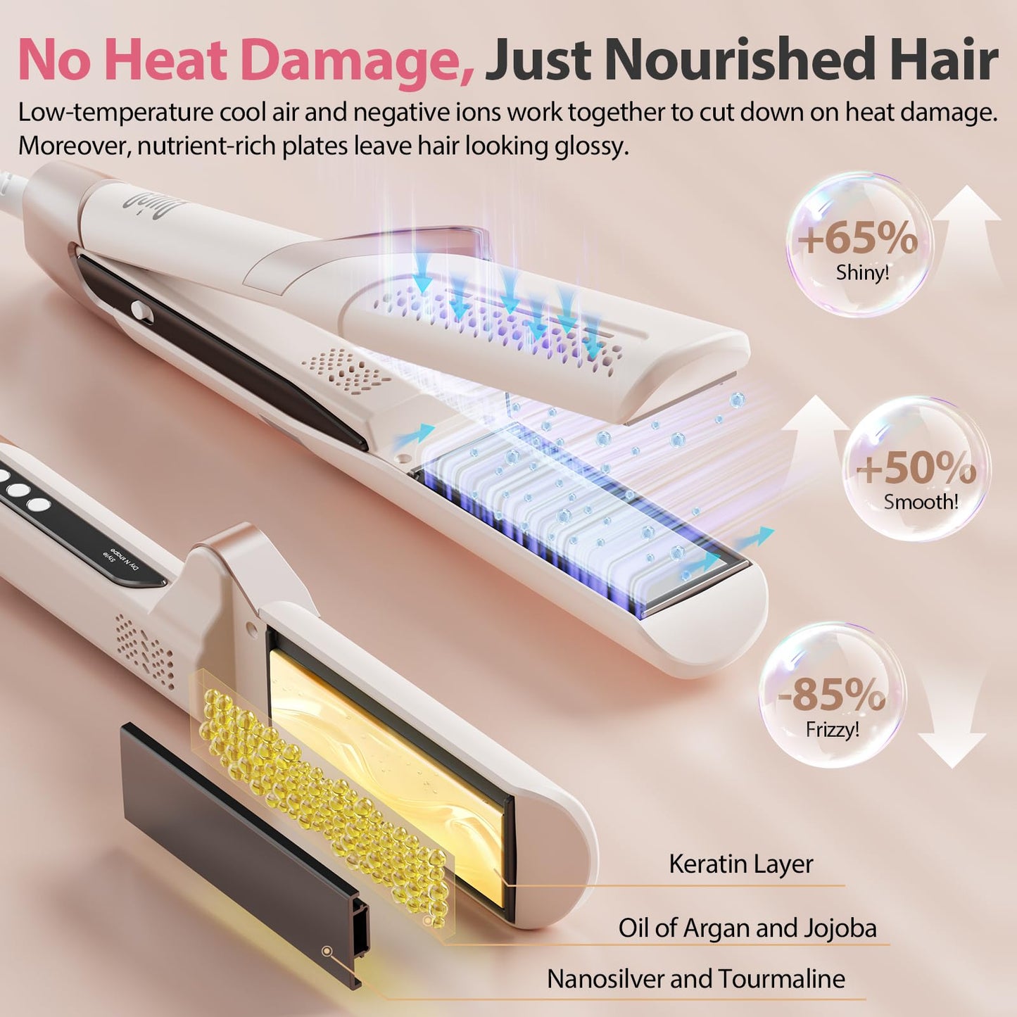 Upgraded Hair Air Straightener, Quico Dual Voltage High-Speed Airflow 2 in 1 Straightener and Curler Travel Airstraight, 5 Temps Ionic Care Flat Iron Hair Straightener, 100-240V, No Heat Damage, Pink