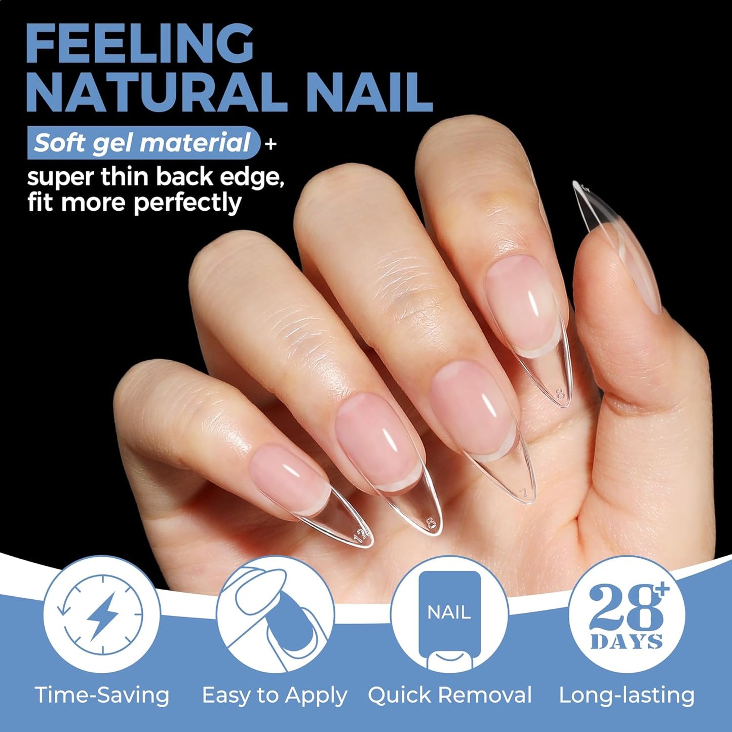UNA GELLA Medium Stiletto Gel Nail Tips - Full Cover 216 Pcs Almond Shape | Pre-Etched Soft Gel Nails in 12 Sizes
