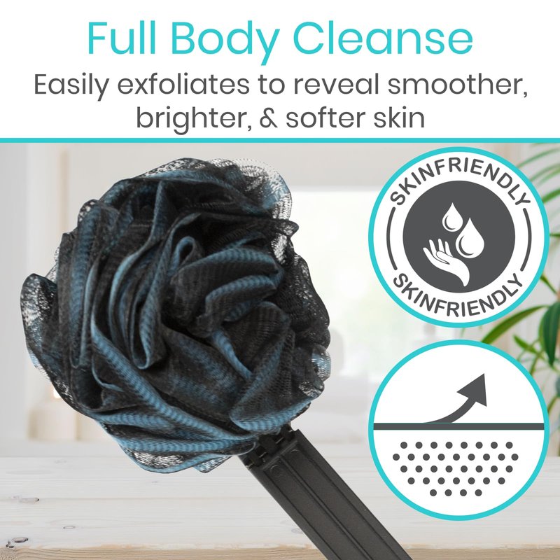 Vive Long Handled Loofah on a Stick - Mesh Back Sponge for Bath, Reusable w/Extra Pouf - Exfoliating Scrubber for Elderly & Disabled, Soft Loofa for Bathing Men & Women
