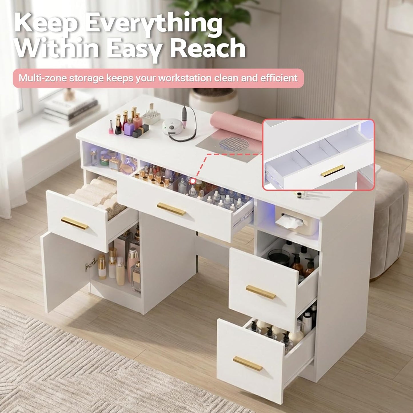 Skiennix Nail Desk - Professional Manicure Table with Dust Collector & LED Lights | White & Pink Accent