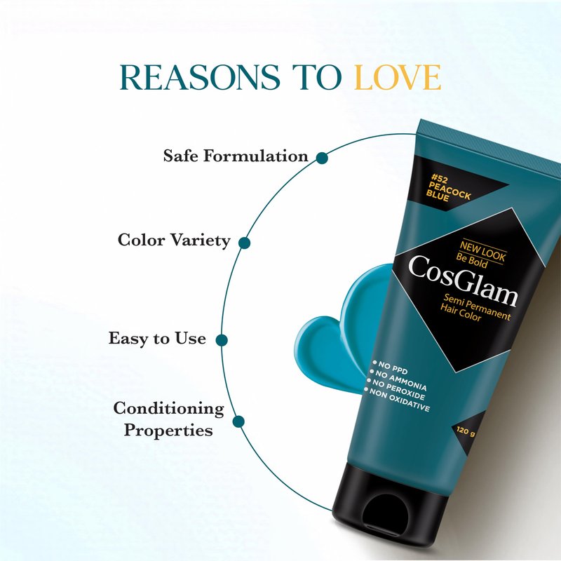 Cosglam Semi Permanent Hair Color for Women & Men, (120g, #52 Peacock Blue) Enriched with Conditioner, Glossy Finish, No Ammonia, No Peroxide & Non Oxidative, Vegan Highlights Colorful Hair Dye