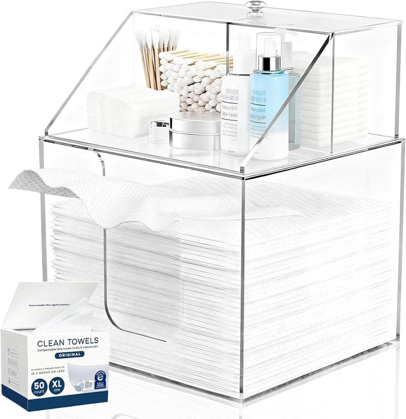 Face Towel Storage Box - 3-in-1 Detachable Acrylic Holder for Bathroom & Vanity | Fits 50 Towels, Clear