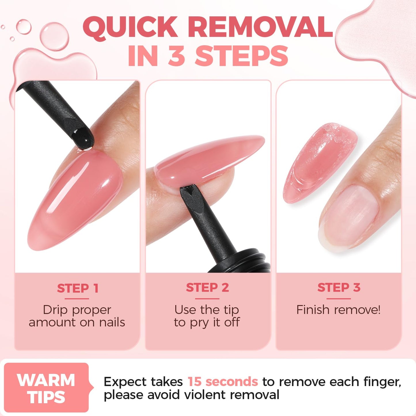 UNA GELLA Press On Nail Glue Remover Built-in-crowbar 30ML Acetone-Free Gentle Soak Off Gel Nail Glue Polish Remover for Nail Tip Adhesive Glue Easily Home DIY Not for U/V Nail Polish