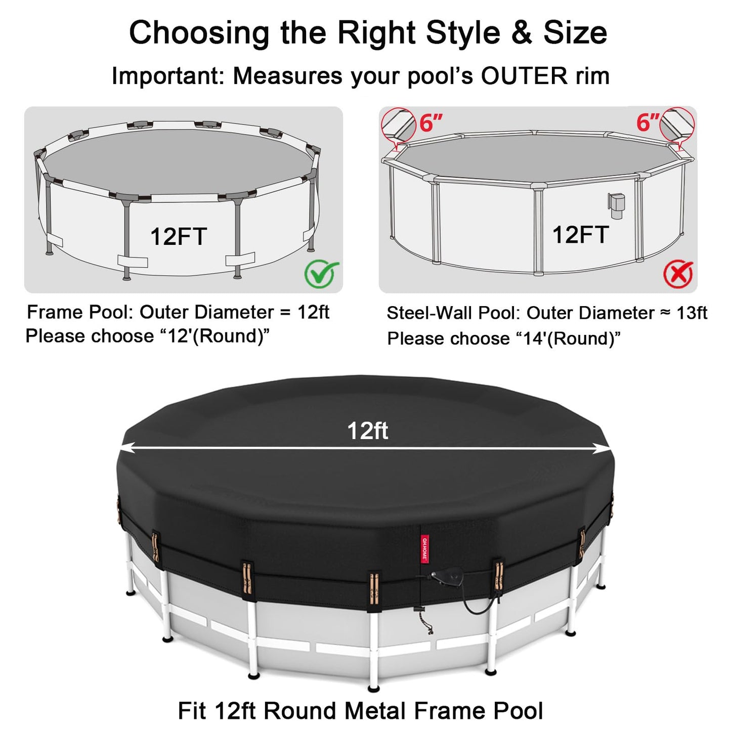 QH.HOME 12ft Round Pool Cover,[Ultimate Windproof & Tear-Resistant Fabric],Snug Fit with Patented Ratchet & Weight Rings,Solar Pool Cover for Above Ground Pools, Blocks Leaves &Waterproof