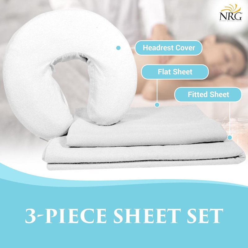 Cotton Poly Massage Table Sheet Set by NRG - 3 Piece Set - Face Cradle Cover, Flat Sheet and Fitted Sheet - 175 Thread Count - Soft, Durable 50/50 Cotton Poly Blend - Color: White