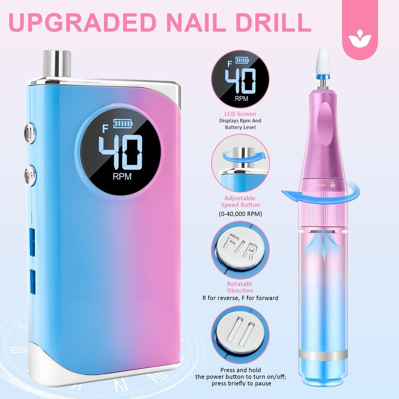 Professional Electric Nail Drill LEDSUUEI: 40000RPM Electric Nail File 2024 Pro High Tech Fast Removal Electric Nails Drill Kit 6500mAh Rechargeable Nail Drill Nail File Tool for Manicure Salon Home
