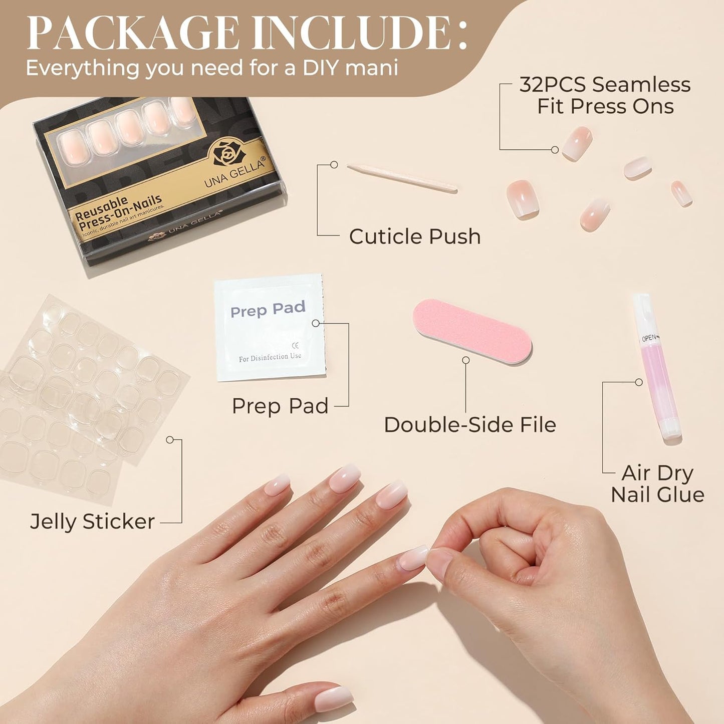 UNA GELLA Press On Nails - Ombre Soft Gel Short Square Kit with Adhesive Tabs & Nail File | 32 Reusable Fake Nails in Nude Cream
