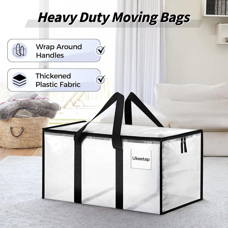 Extra Large Heavy Duty Moving Bags - 8 Pack Clear Storage Totes with Reinforced Handles & Zippers | Ideal for Clothes & College Supplies