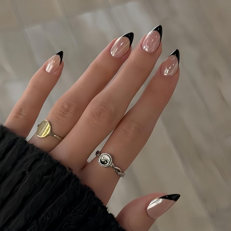 Press-On Nails - Chrome Black French Tip Short Almond | Shiny Soft Gel with Glazed Sparkle Finish, 30 Pcs