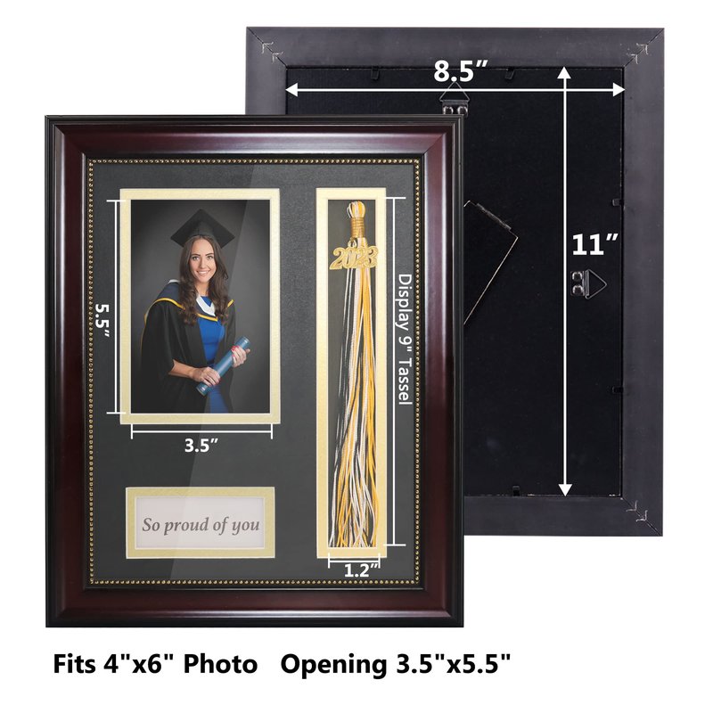 GraduationMall Graduation Photo Shadow Box Frame with Tassel Holder for 4x6 Pictures,Real Glass,Black over Gold Double Mat,Wall & Tabletop Design