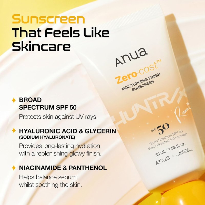 Anua Zero-Cast Moisturizing Sunscreen SPF 50 - Glow Natural Formula with Hyaluronic Acid & Niacinamide | Oil-Free, 1.69 fl oz