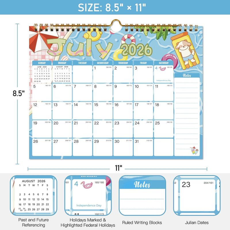2026-2027 Monthly Wall Calendar - Thick Paper, Julian Dates | 11 x 8.5 Inches for New Year & Christmas Gifts