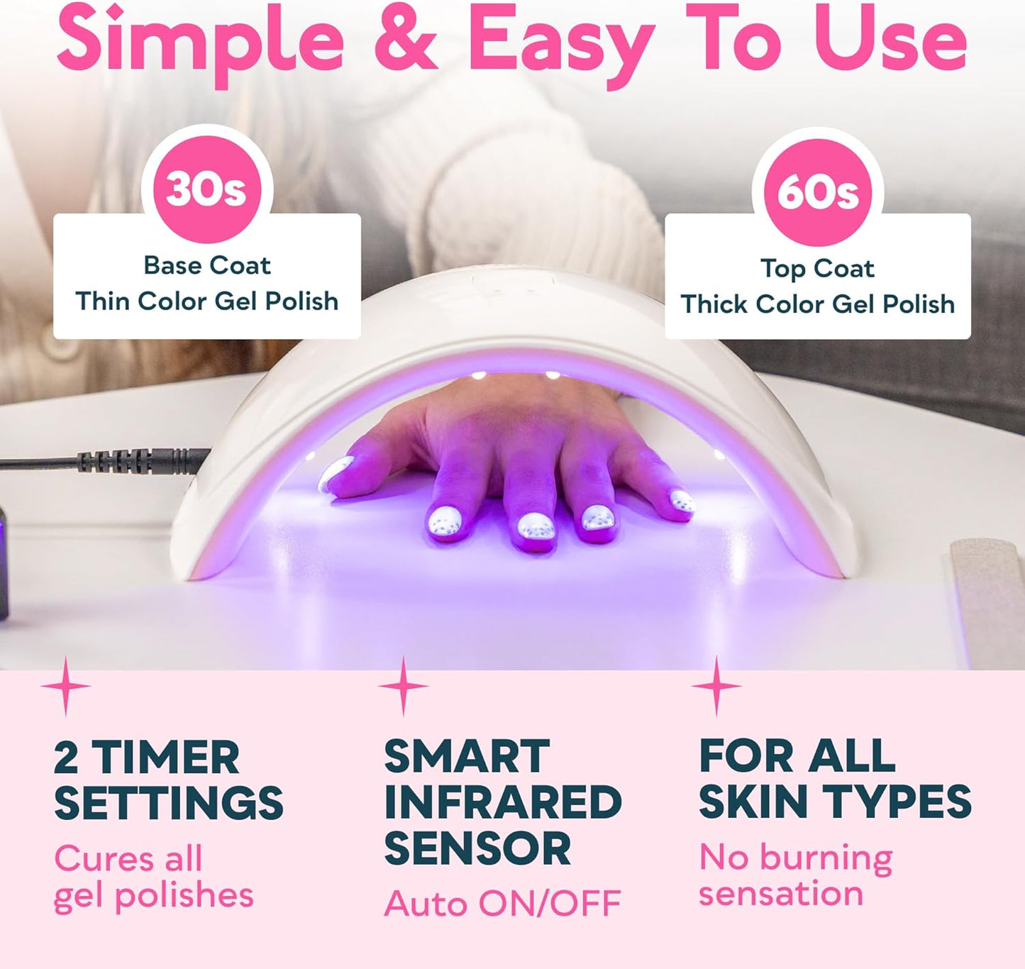 UV LED Nail Lamp - Professional Gel Polish Dryer with Sensor & 2 Timers | Pink for Women & Girls