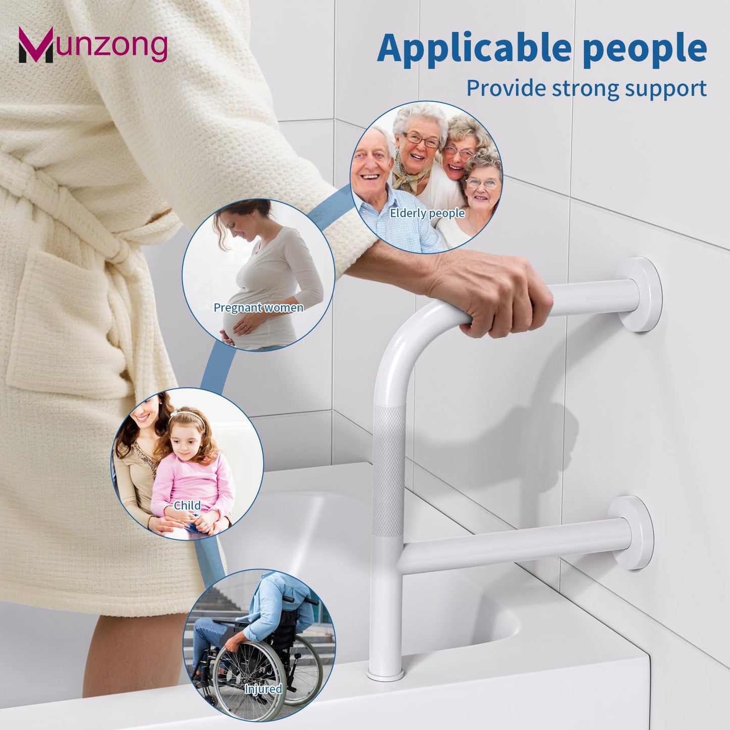 Bathtub Safety Rail with Double Grip, Munzong 16 Inch F-Shape Anti-Slip Shower Grab Bar for Seniors Handicap, Heavy Duty 300lb Support Wall Mounted Bathtub Handle, Standing Balance Aid for Elderly