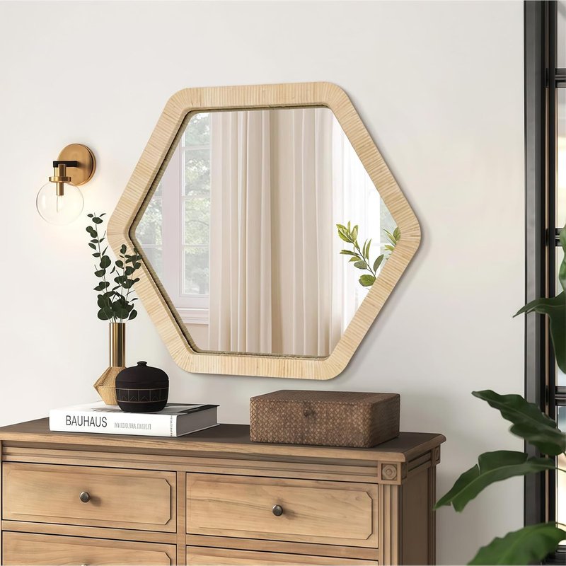 Rattan Wicker Wall Mirror - 30 Inch Boho Rustic Decor with Handmade Frame | Ideal for Bathroom, Nursery, Living Room