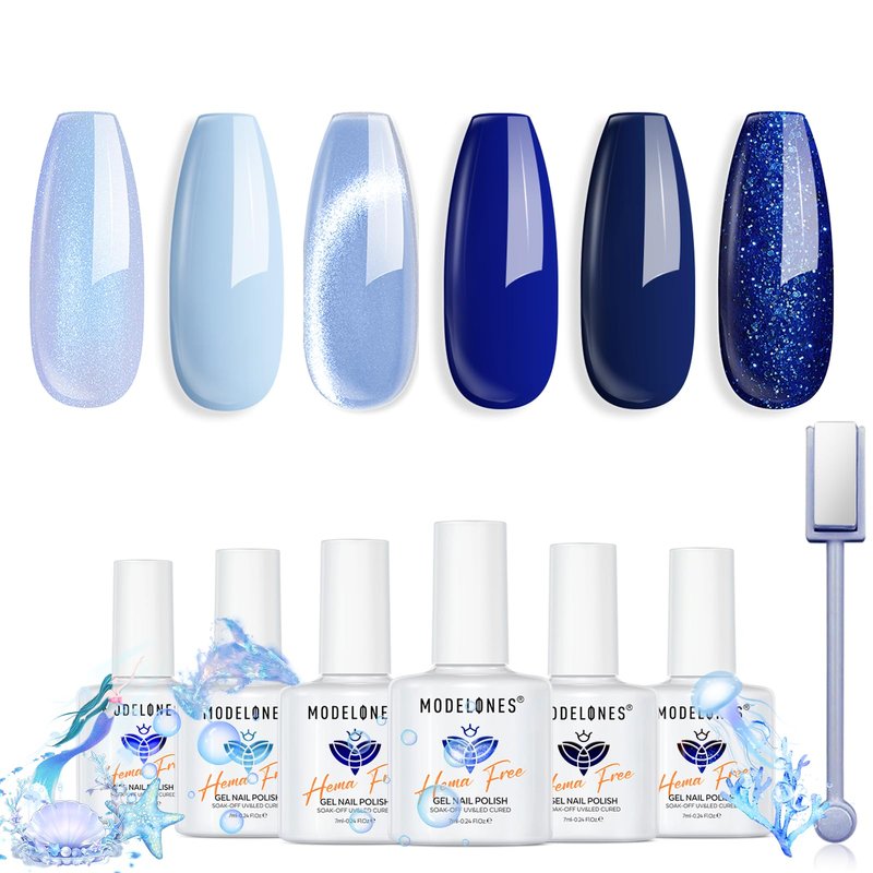 modelones Blue Gel Nail Polish, 6 Colors Spring Summer Hema Free Pastel Royal Navy Sky Icy Klein Dark Blue Glitter Gel Polish Galaxy 9D Cat Eye Nail Polish with Magnet Soak Off Led Nail Art Kit