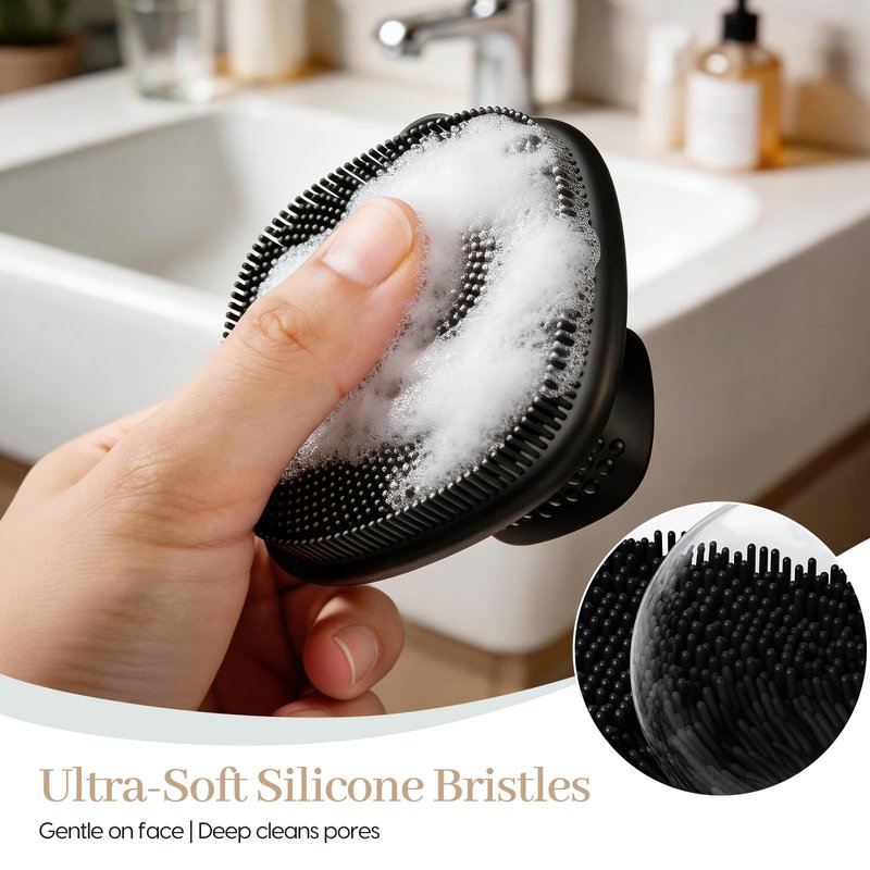 Back Scrubber for Shower & Face Scrubber, 2Pcs Silicone Exfoliating Brush Set with 17In Long Handle, Soft Body & Facial Cleansing Scrubber for Men Women
