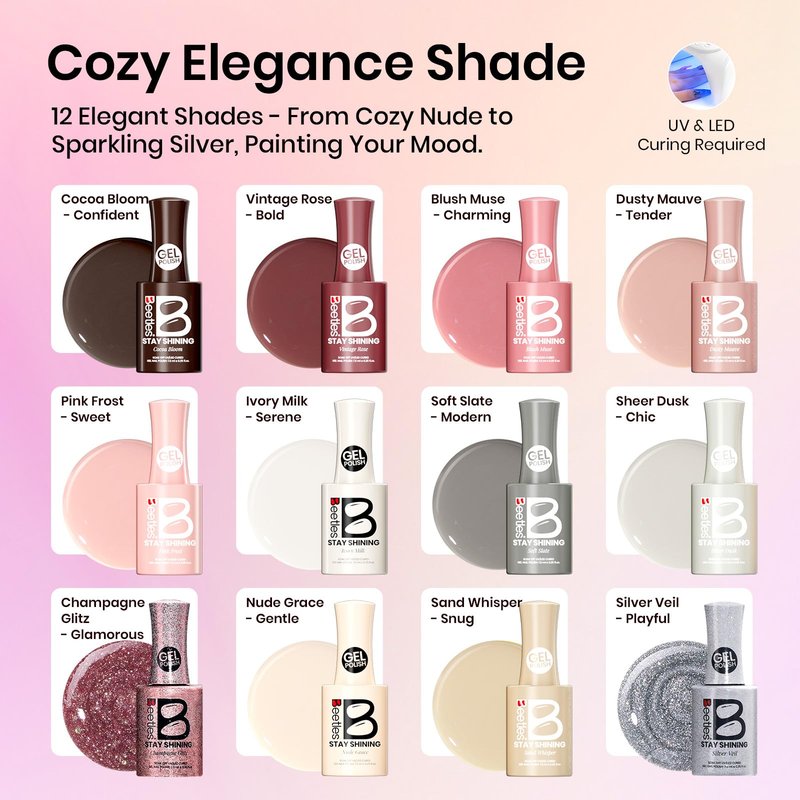 Beetles Stay Shining 23 Pcs Gel Nail Polish Kit with UV Light, 12 Color Nail Manicure Studio Kit Cozy Elegance and Base Gel Glossy &Matte Top Coat Cuticle Oil & Nails Tools, DIY Salon-Quality at Home