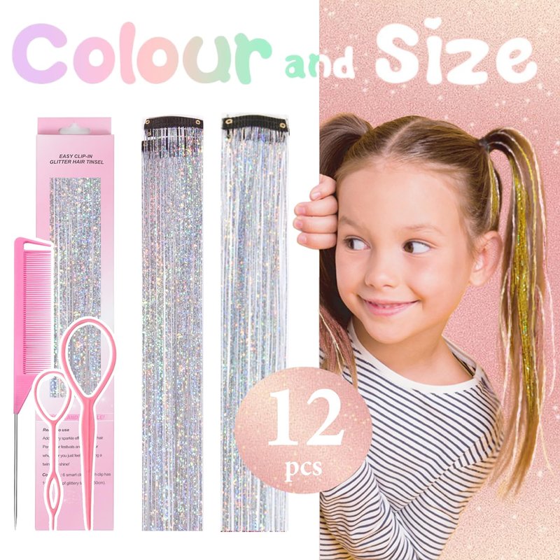 Hair Tinsel Clip in Silver Fairy Hair Tinsel Kit, 12 Pcs 24 Inch Glitter Clip in Hair Extensions for Girls Women Kids Christmas New Year Festival Party (Silver)
