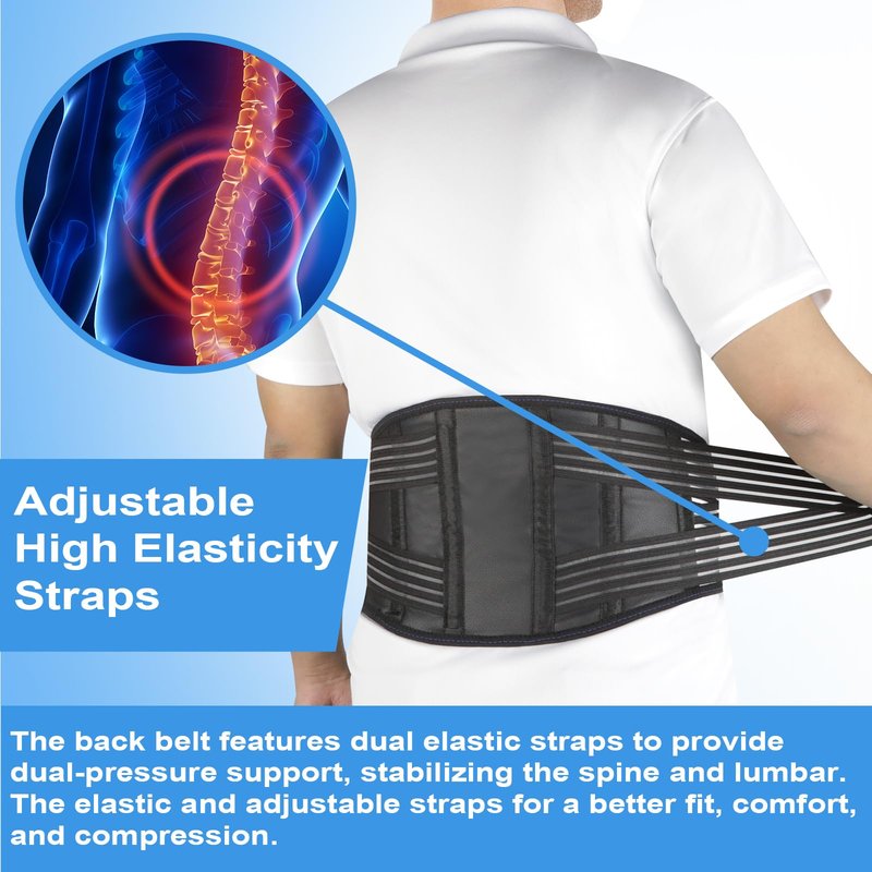 Back Brace for Lower Back Pain Relief, Lumbar Support Belt for Men&Women for Work, Breathable Back Support Belt with 6 Flexible Spring, 2 Elastic Bands For Sciatica, Herniated Disc, Scoliosis (Large)