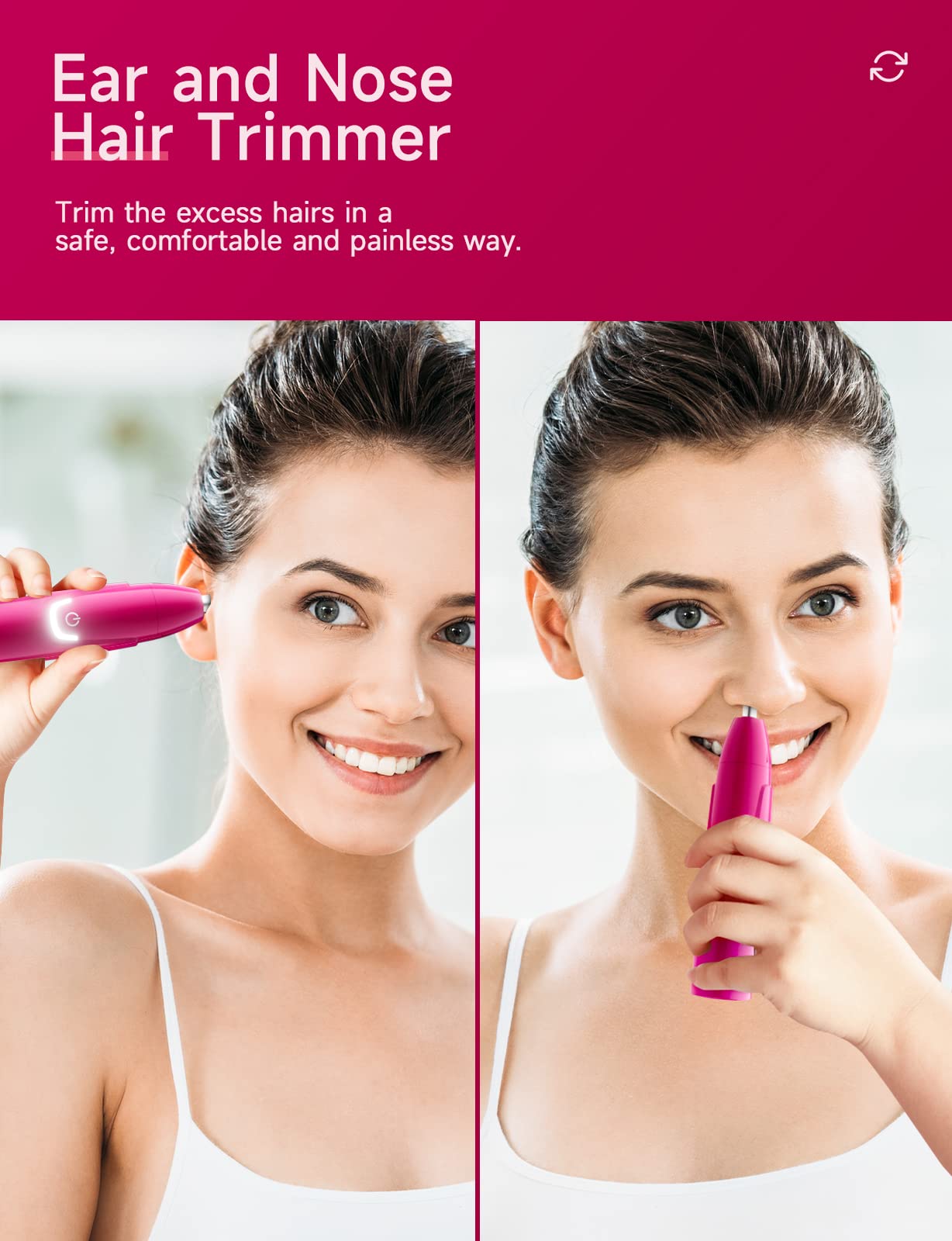 ZORAMI Rechargeable Ear and Nose Hair Trimmer - 2026 Professional Painless Eyebrow & Facial Hair Trimmer for Men Women, Powerful Motor and Dual-Edge Blades for Smoother Cutting Magenta