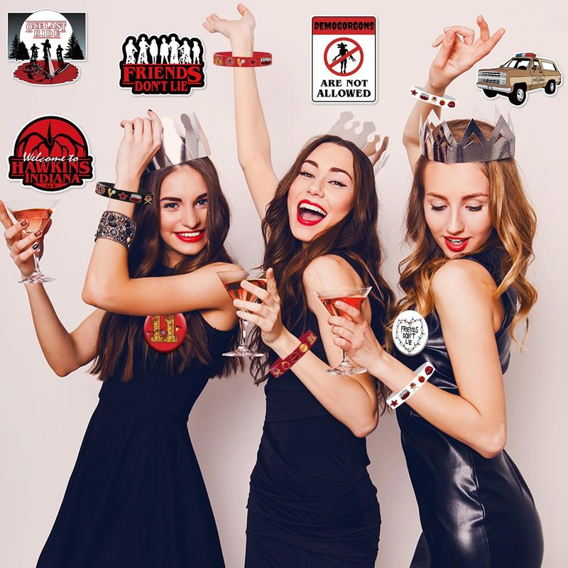 84Pcs Stranger Brithday Party Decorations Red and Black Theme Party Supplies Include 12 Rubber Bracelets 12 Keychain Wristbands 10 Button Pins and 50 Horror Elemental Stickers for Brithday Decorations