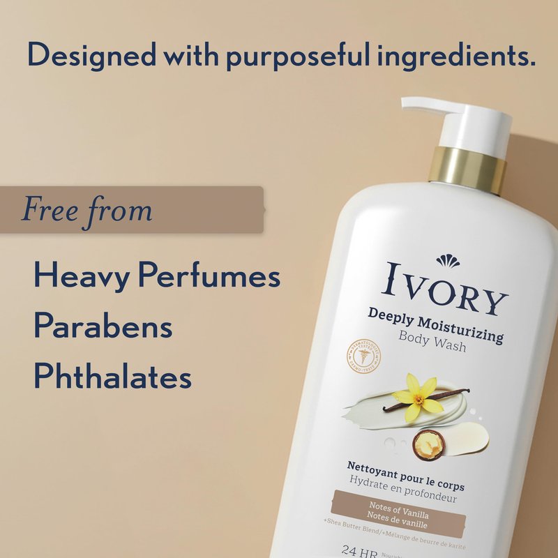 Ivory Body Wash, Deeply Moisturizing, 24hr Nourishing Hydration, Soothes Itchy Dry Skin, Made with Shea Butter Blend, Free of Dyes Heavy Perfumes Parabens & Phthalates, Vanilla Scent, 27 oz