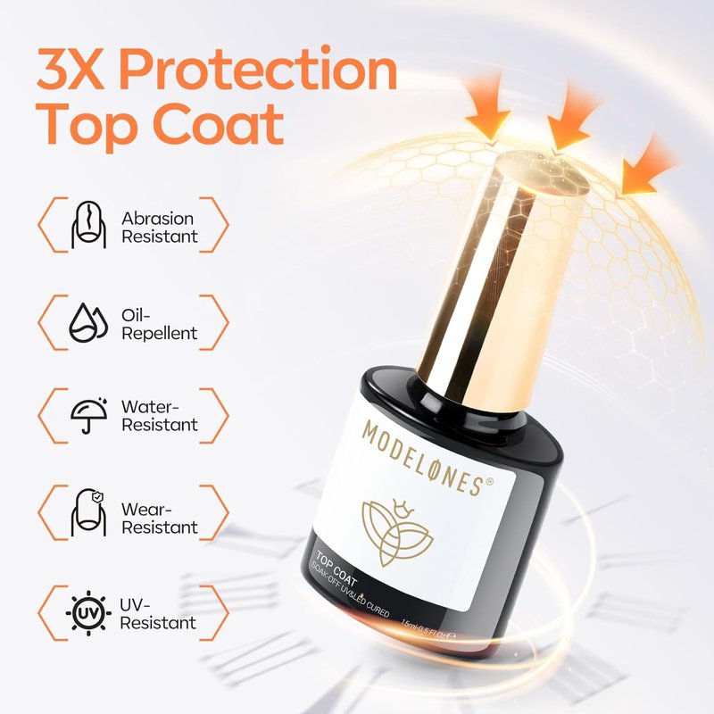 Modelones Gel Nail Polish Set - Silky Base & Extra Glossy Top Coat | 15 ML No Wipe UV LED Soak Off for Home DIY Manicure
