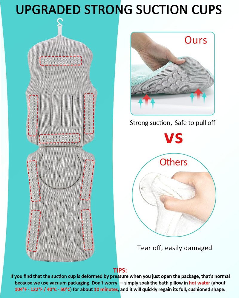 Full Body Bath Pillow for Bathtub, 5D Thick Tub Pillow for Bathtub with 192 Non-Slip Suction Cups, Laundry Bag & Hook, Bathtub Pillow for Head, Neck & Back Support (Green, 51"*15")
