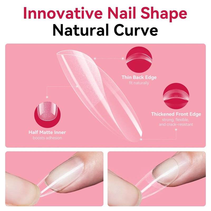 Almond Nail Tips - 500pcs Medium Pre-Buffed Full Cover Clear Press-On Nails | 10 Sizes for DIY Nail Art
