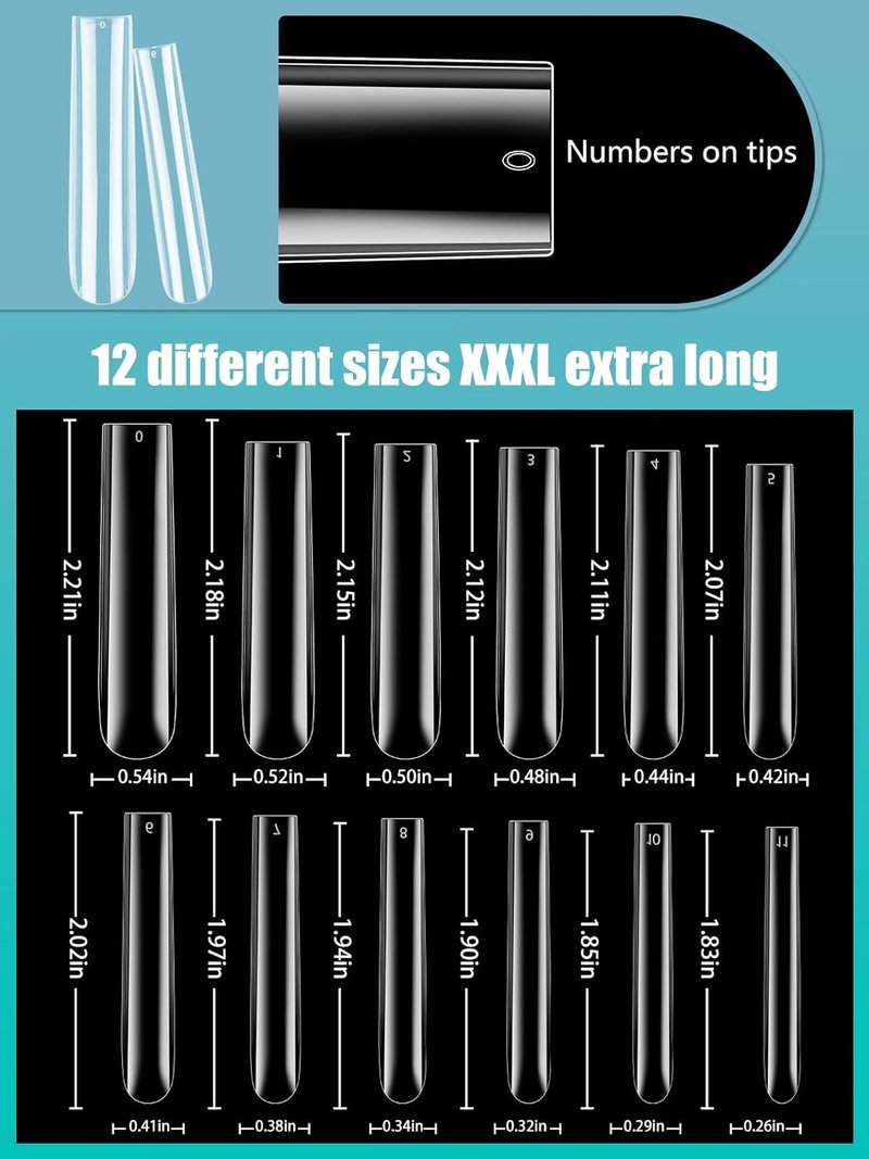 3XL Clear Nail Tips - 504PCS Extra Long Tapered Square Full Cover | 12 Sizes for Acrylic Nails & DIY