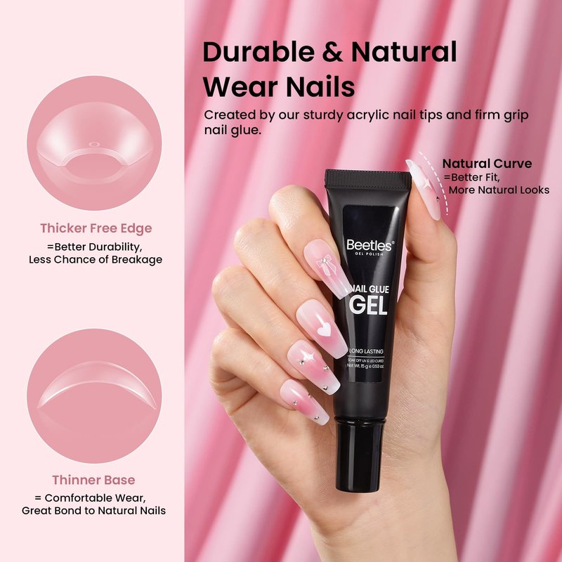 Beetles Gel Nail Kit Medium Coffin with Nail Dehydrator and Primer, 576Pcs Half Matte Etch-X Gel Tips Solid Glue Mini Lamp Acrylic False Tips Easy DIY Extension Set Gift for Women