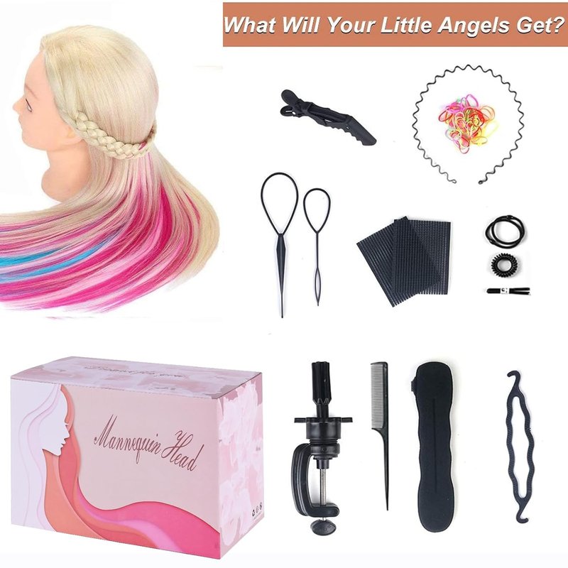 Beauty Star 29" Colorful Mannequin Head with 100% Syntheic Hair, Doll Head for Hair Styling and Braiding Practice, Professional Bride Cosmetology Training Manikin Head with Clamp Stand Updo Kit