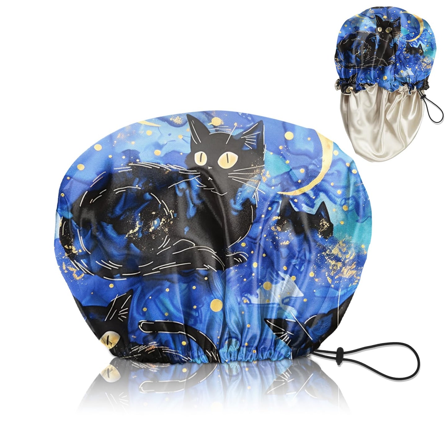 Cabreche Luxury Shower Cap Satin Silk Lined Adjustable Elastic Reusable Waterproof Shower Bath Cap Cute for Women Girls-Black Cat Blue