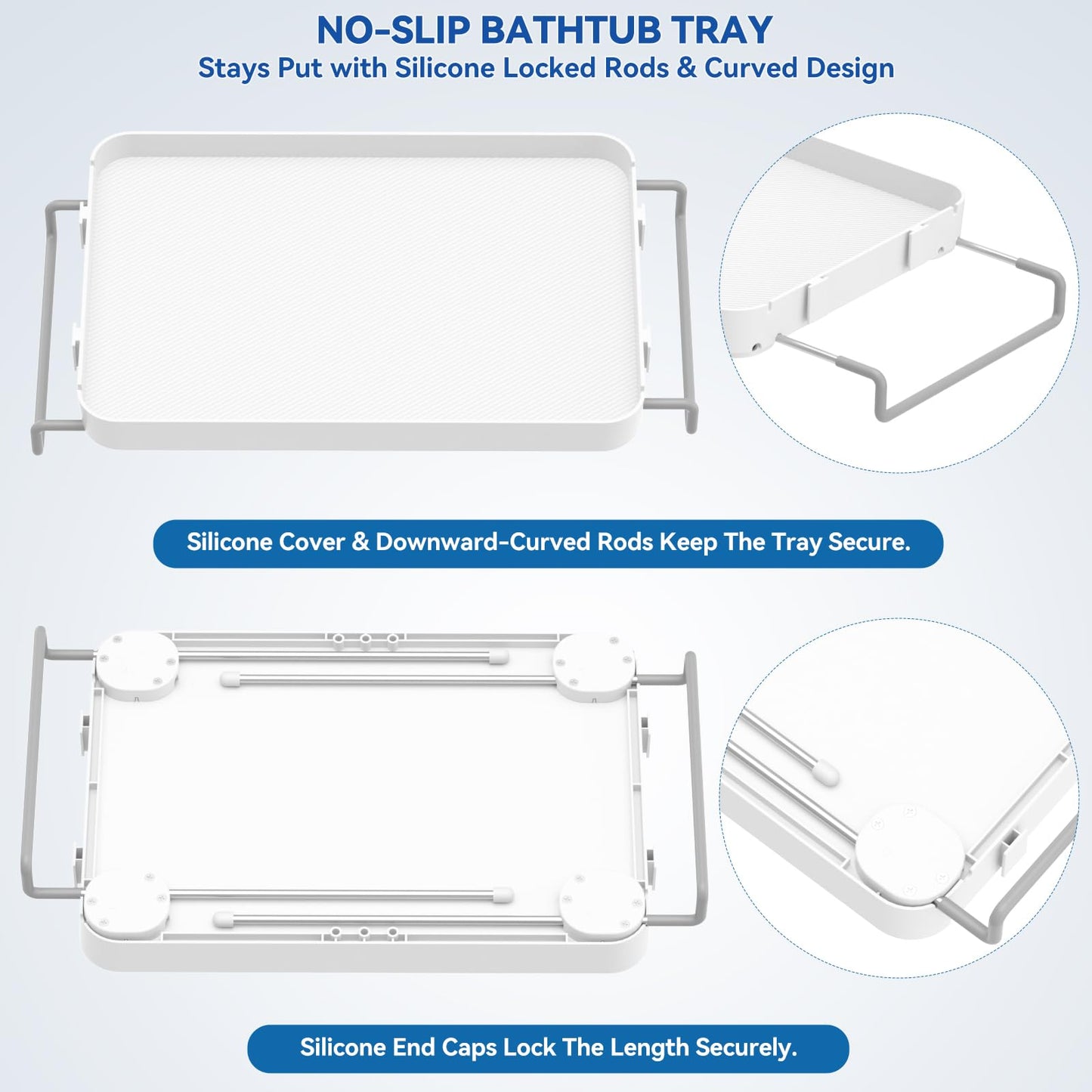 Bathtub Tray for Large Soaking Tub Table Tray Expandable Tub Shelf for Bathtub Caddy Bath Shelf Over Tub Luxury Bath Board Book Holder with Removable 2 Cup Holder Phone Metal Shower Caddy Basket White