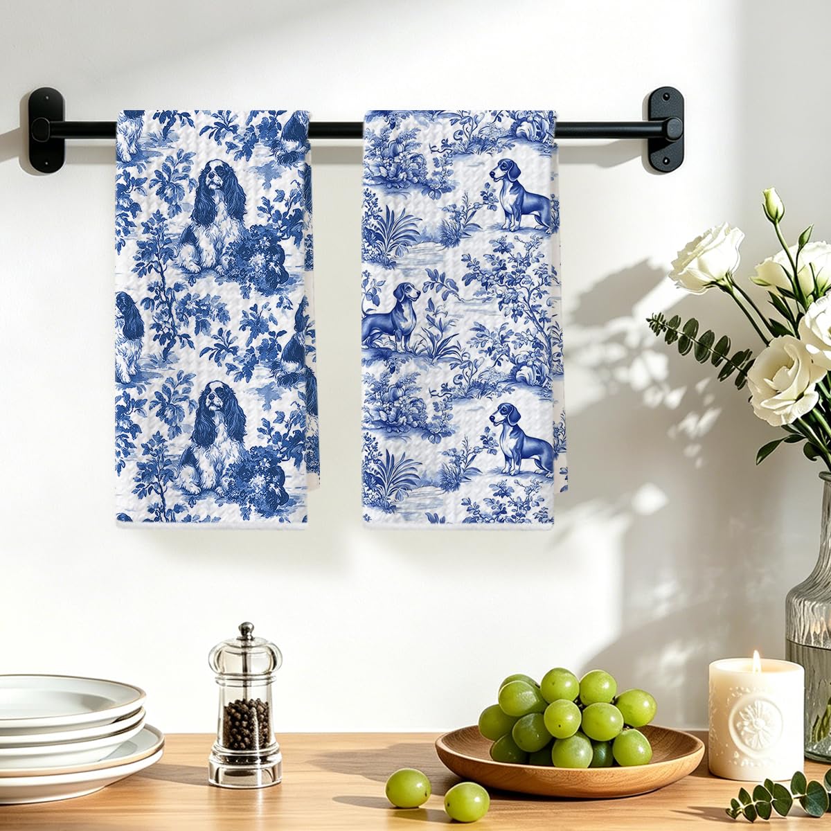 2 Pcs Chinoiserie Cavalier King Charles Spaniel Kitchen Towels 14x24 Inch, Blue and White Floral Dachshund Decorative Dish Tea Towels, Grand Millenial Botanical Dog Hand Towels for Kitchen Bathroom