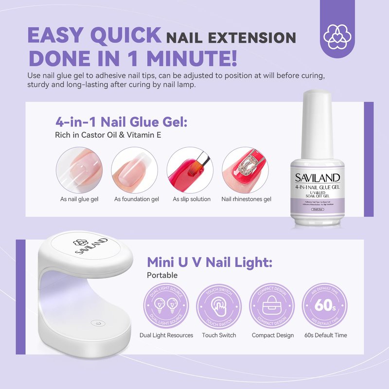 SAVILAND Gel Nail Kit with U V Light: Gel Nail X Kit with Nails Glue Easy At Home Nail Kit 500Pcs Short Coffin Nail Tips and Nail Drill 4-in-1 Glue Gels 15ML Mini U V Nail Lamp For Manicure