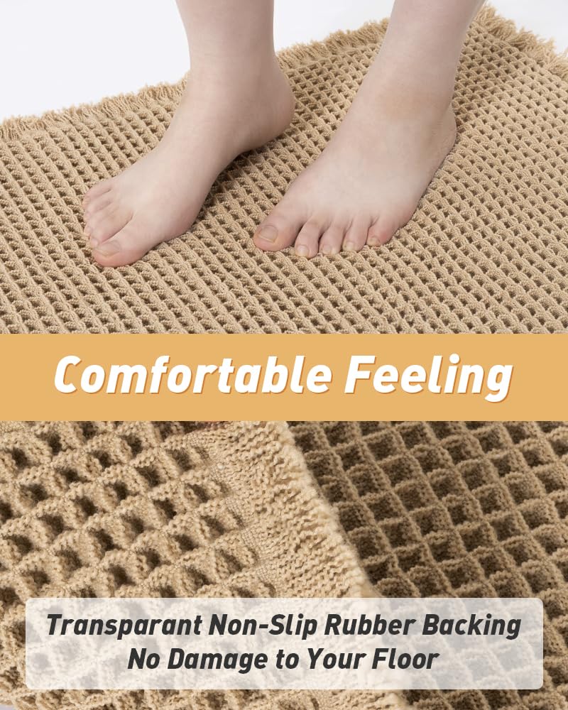 Upgraded Waffle Runner Rug, Super Absorbent Non Slip Bath Mats for Bathroom Floor, Machine Washable Bathroom Runner Rug with Tassels, Ideal for Hallway Bedroom Laundry Room, Brown, 2'x 5'(24" x 60")