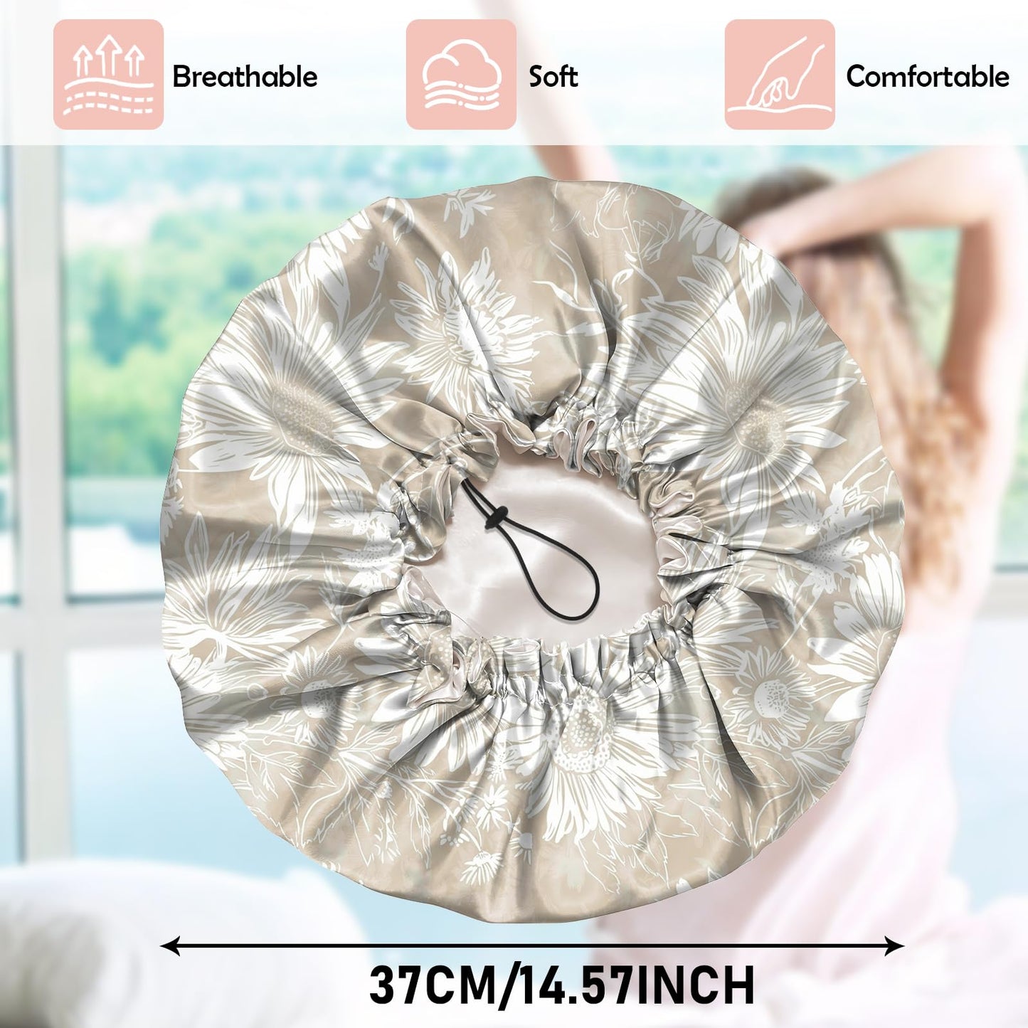 Cabreche Luxury Shower Cap Satin Silk Lined Adjustable Elastic Reusable Waterproof Shower Bath Cap Cute for Women Girls-Golden Sunflower